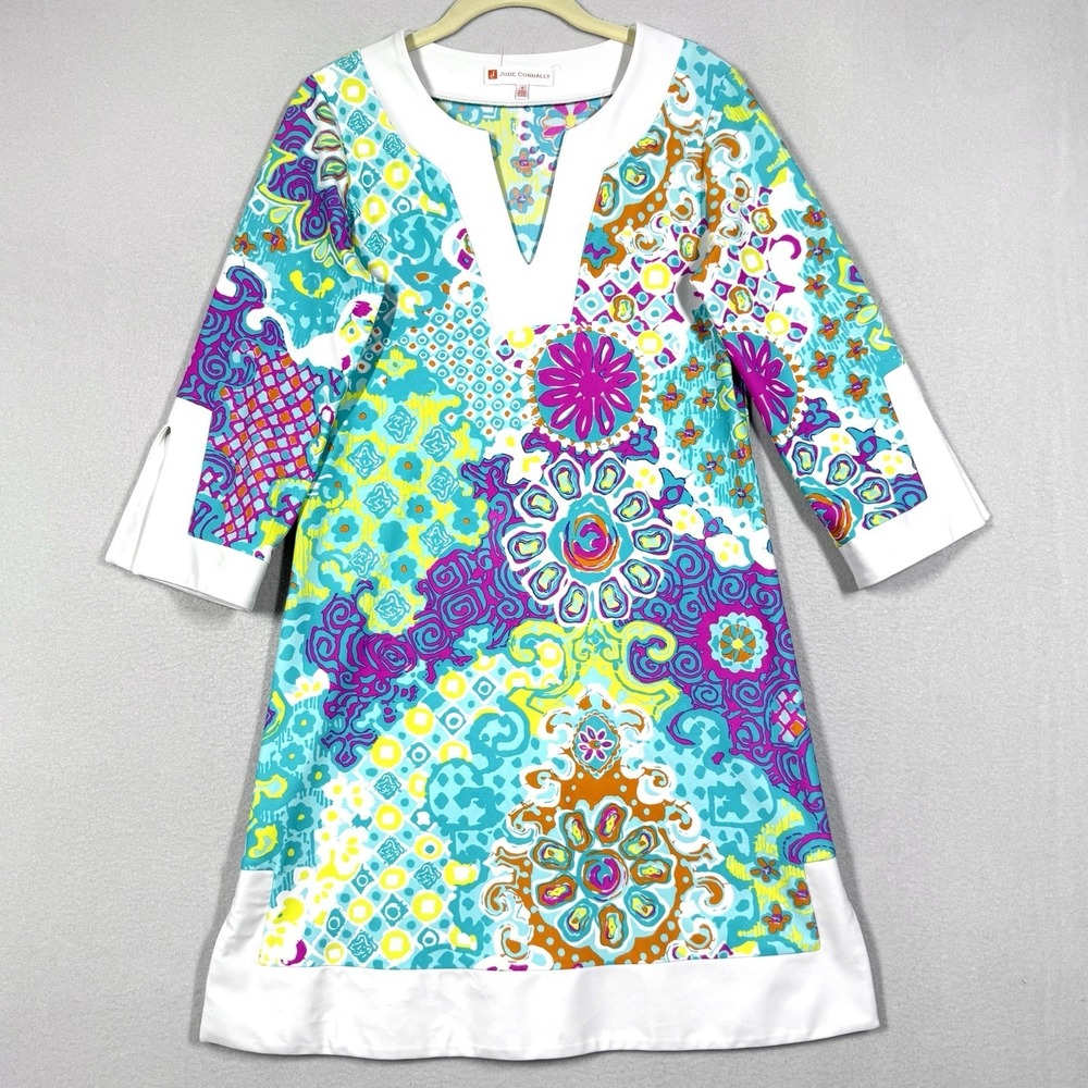 Jude Connally Dress Womens Small V Neck Geometric Resort Colorful Tropical Beach
